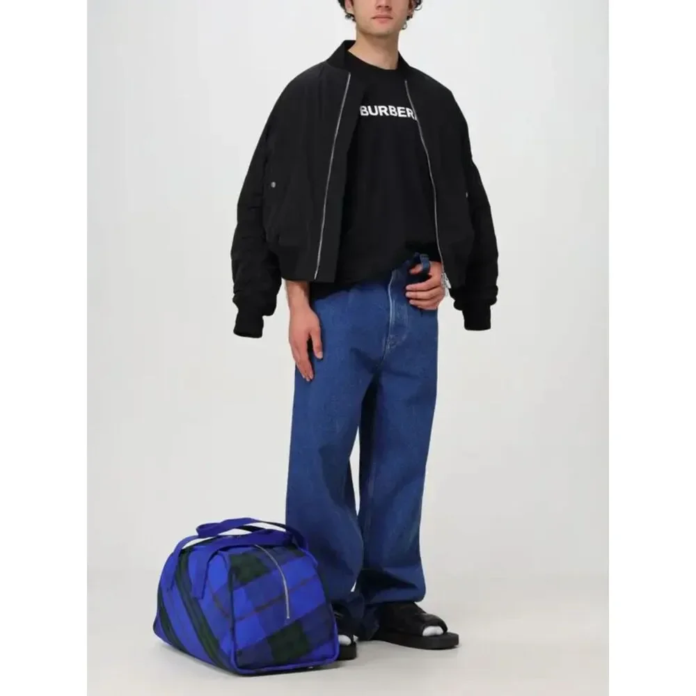 BURBERRY Duffle Bag Blue Nylon Shield Check Plaid Authentic Unisex $2050